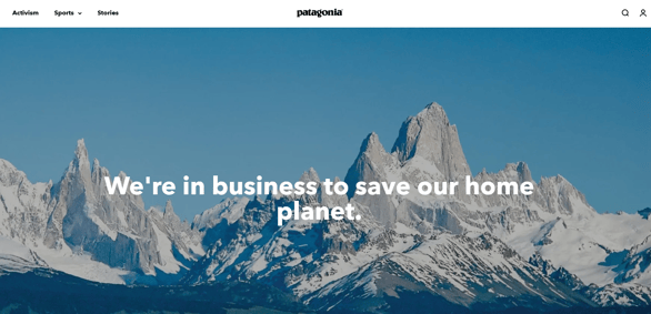 A screenshot of Patagonia's website with the text  "We're in business to save our home planet" on a mountain background