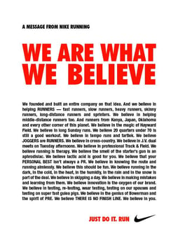 A bold Nike poster featuring the text of "We are what we believe" manifesto.